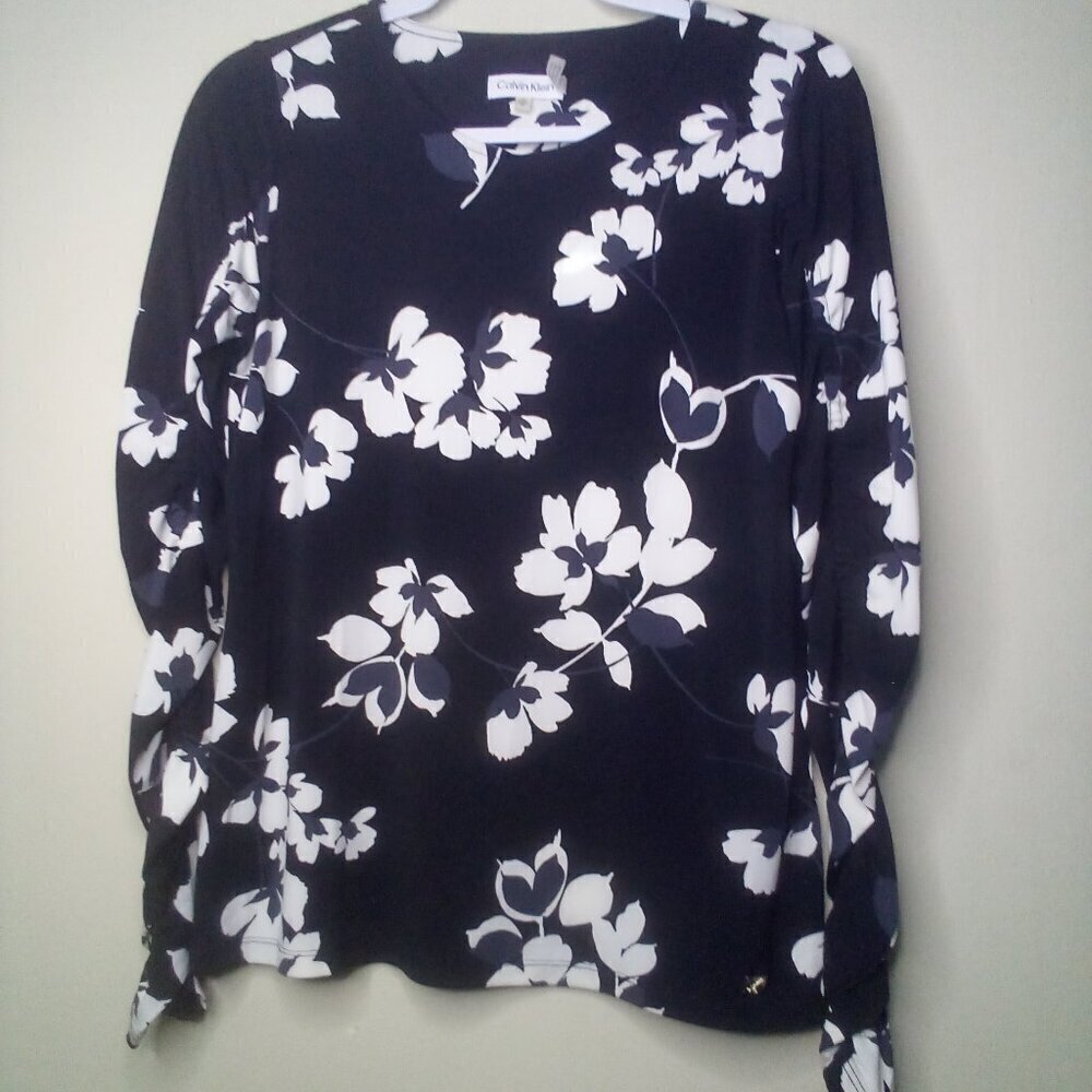 Calvin Klein Shirt Blouse XS Long Gathered Sleeves Soft Stretch Floral Black